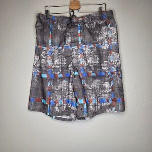 Sunshine Zone Mens Floral Plaid Swim Trunks XXL Gray Blue‎ Orange Board Shorts